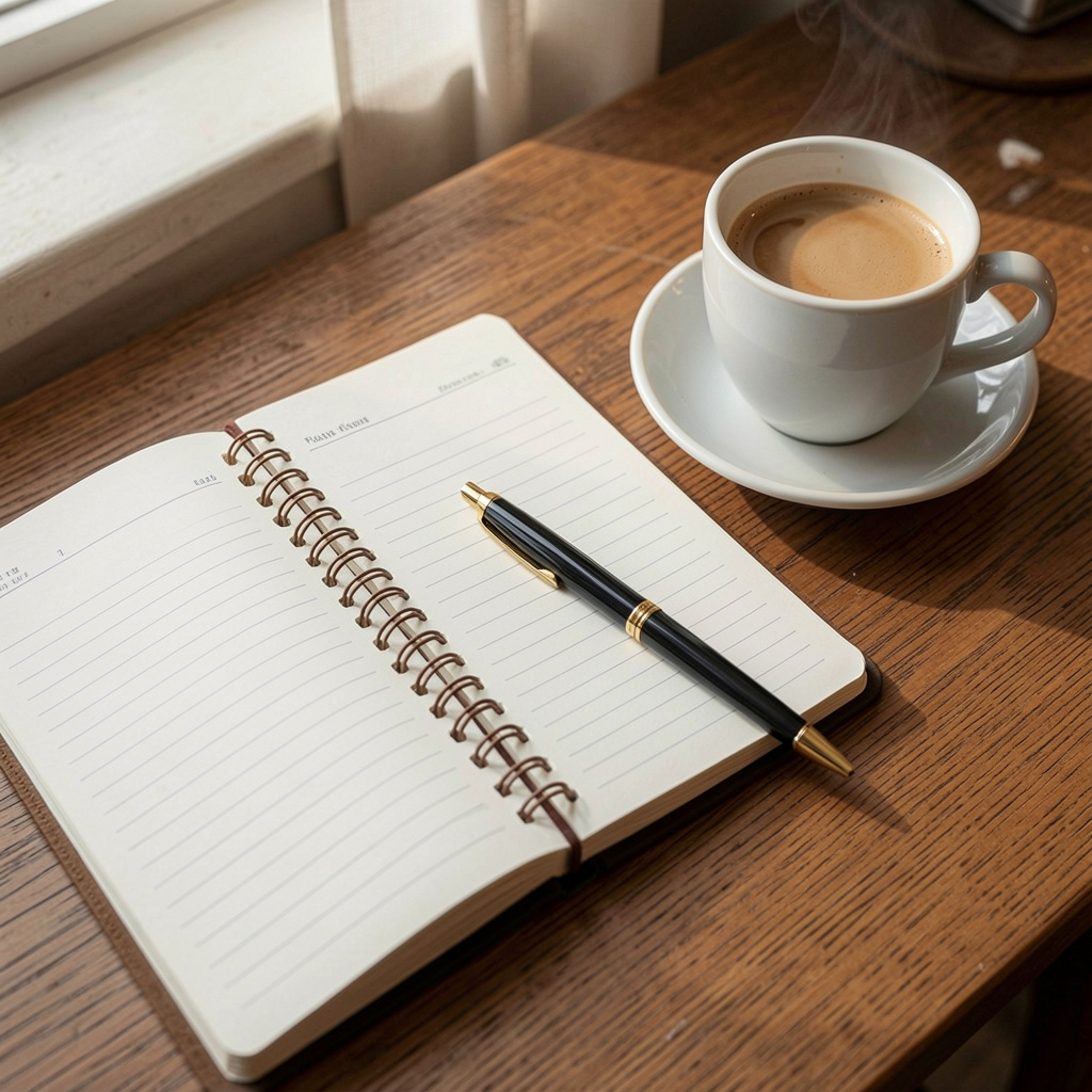 Päiväkirja ja kynä pöydällä