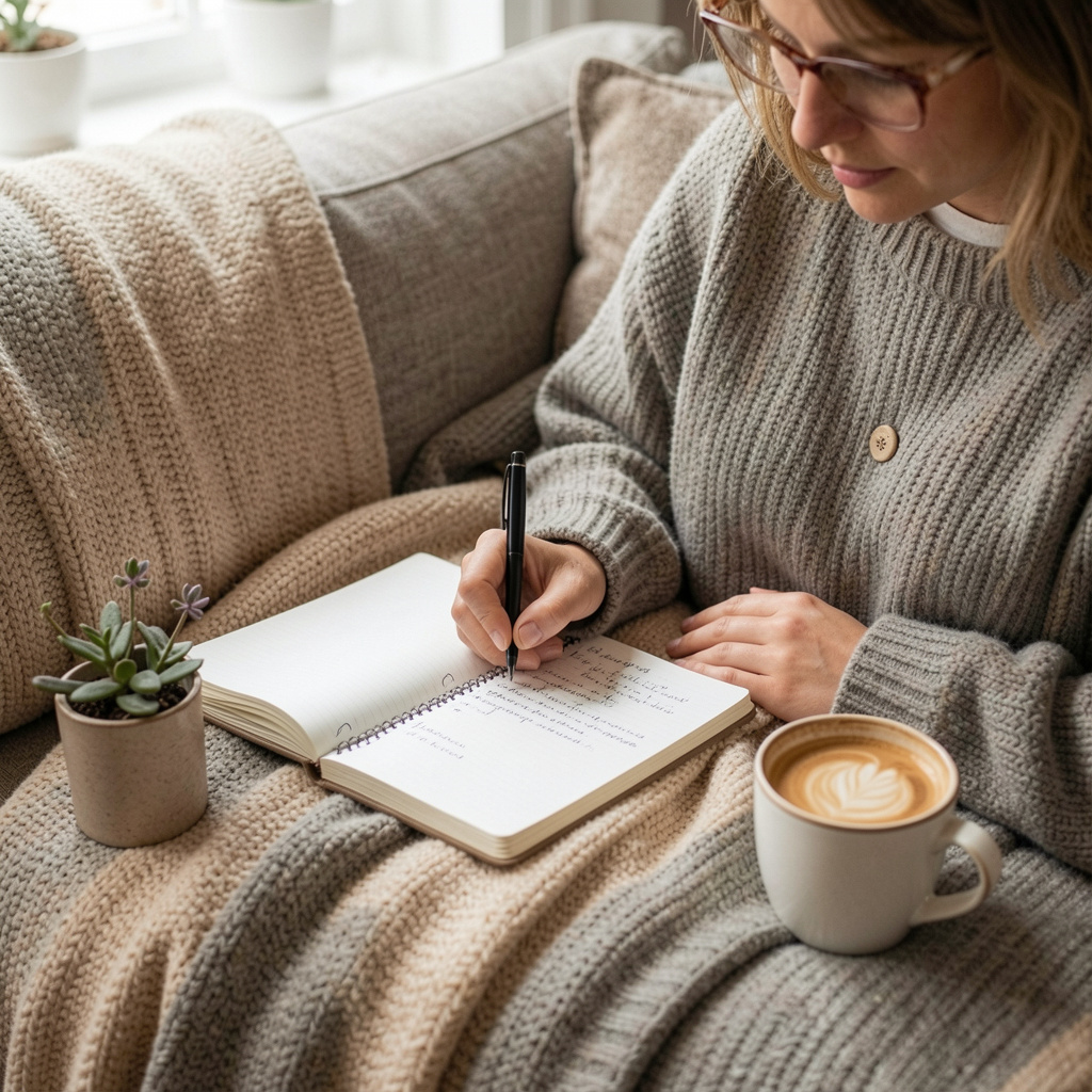 Henkilö tekee muistiinpanoja päiväkirjaan